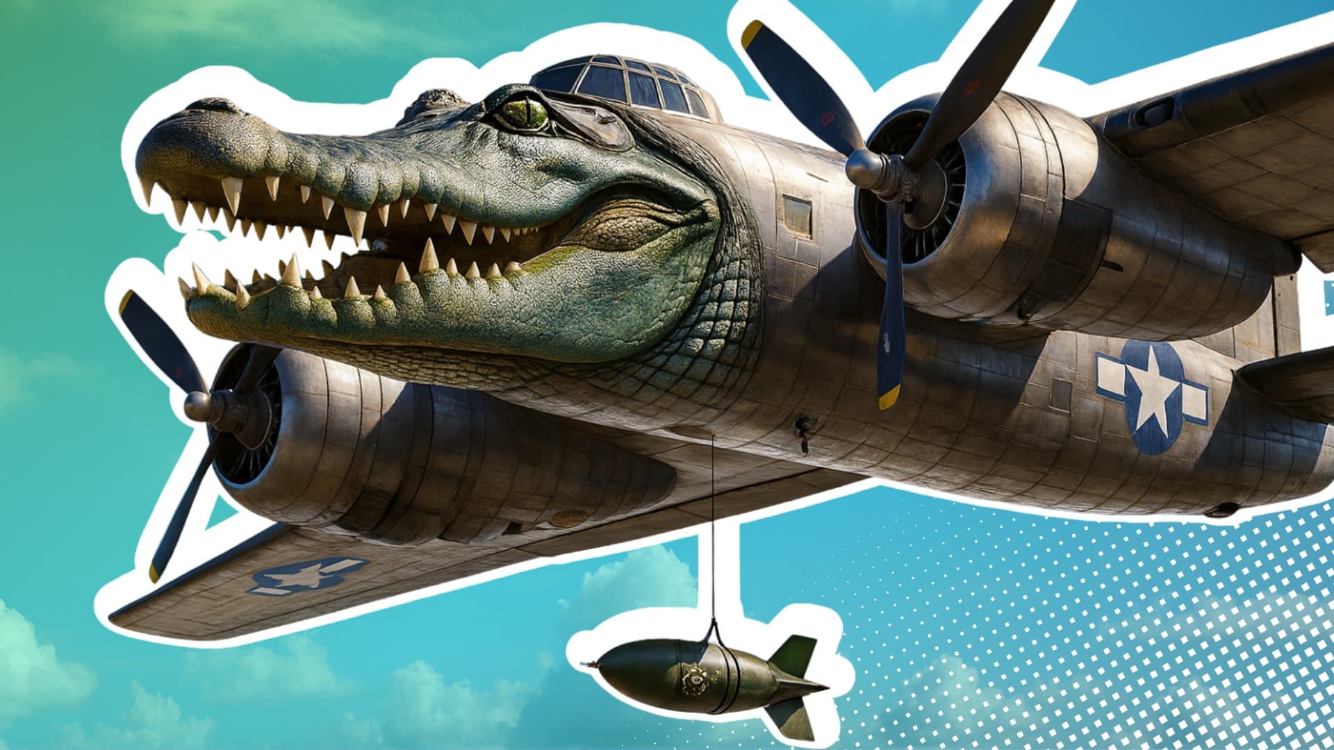 High-resolution Bombardiro Crocodilo editorial image featuring the same crocodile-headed bomber as the supplied reference